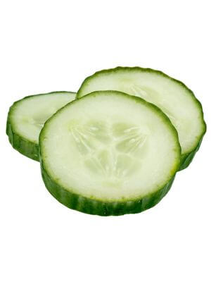 Fresh cucumber slices with translucent center and green rind, arranged in an overlapping pattern