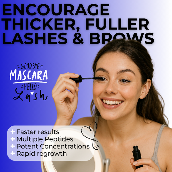 Woman applying a lash product with promotional text about faster results, multiple peptides, potent concentrations, and rapid regrowth.