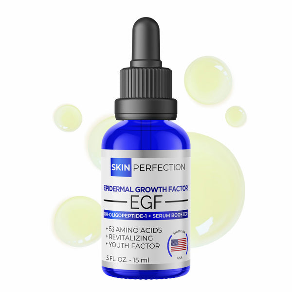 Bottle of Skin Perfection EGF serum with dropper on a white background with pale yellow/green droplets