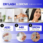 Step-by-step guide for DIY lash and brow product with images of a woman applying the product.