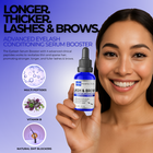 Woman holding a bottle of lash and brow serum with product details on a purple background