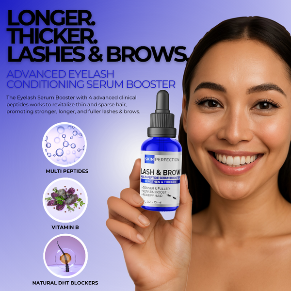 Woman holding a bottle of lash and brow serum with product details on a purple background