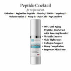 Skincare serum bottle with peptide cocktail ingredients and benefits on a white background