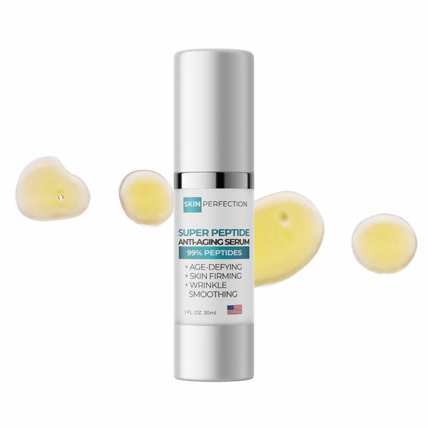 Super Peptide Anti-Aging Serum bottle with pale yellow droplets on a white background