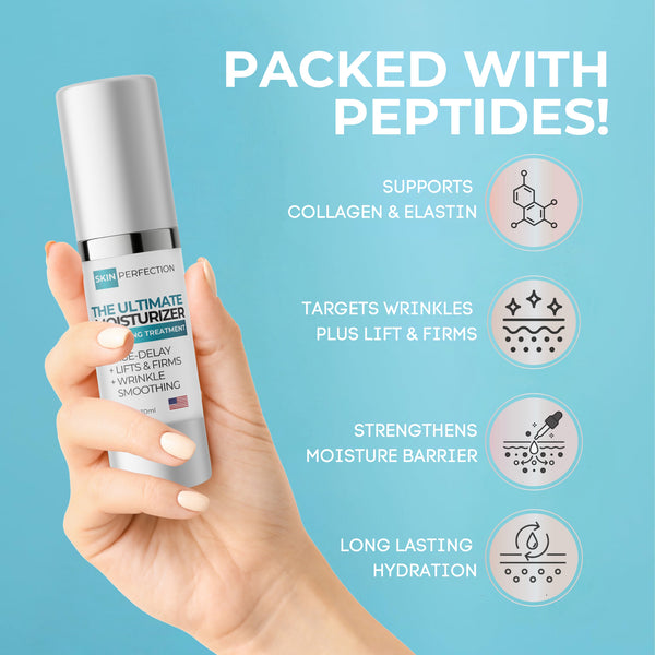 Hand holding a skincare bottle with text about peptides on a blue background