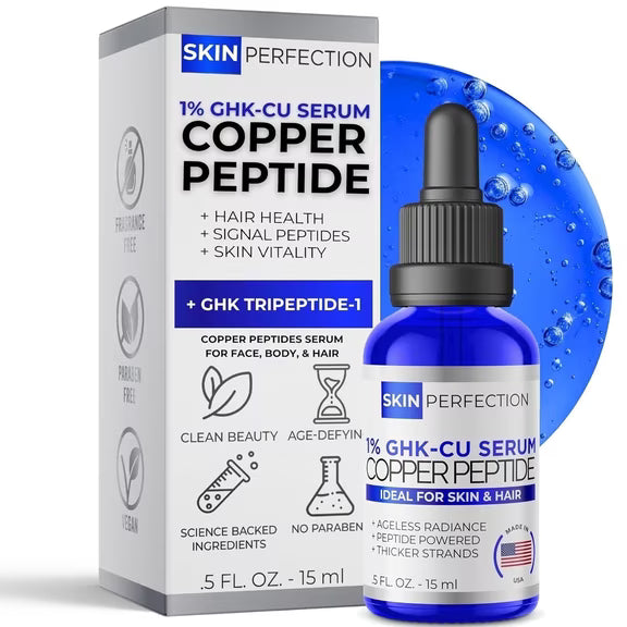 Natural Copper Peptide Serum Booster bottle labeled Skin-Perfection Copper-Peptide Regenerating Serum Booster for all skin types