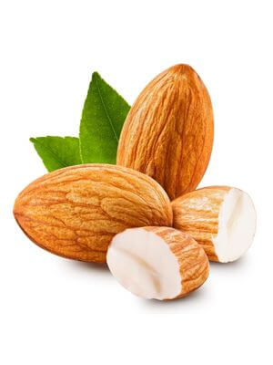 Whole and halved almonds with their intricate textures, accompanied by fresh green leaves, set against a white background