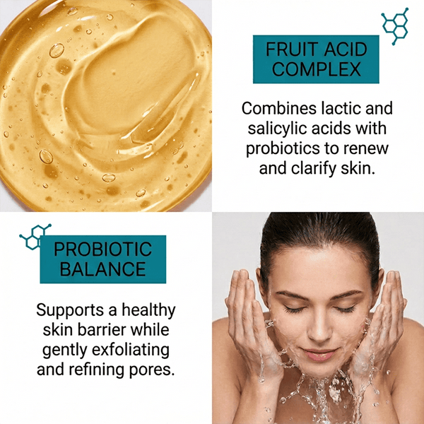 alpha hydroxy cleanser combines lactic and salicylic acids with probiotics to renew and clarify skin