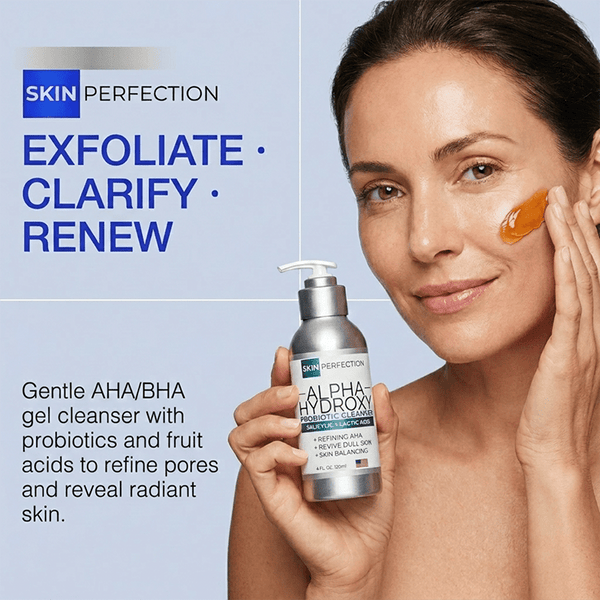 alpha hydroxy cleanser contains gentle AHA and BHA with probiotics and fruit acids to refine pores and reveal radiant skin