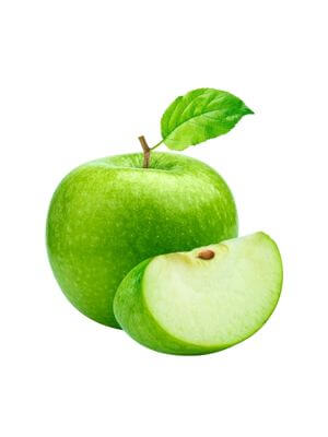 Fresh green apple with a leaf and a sliced section revealing the crisp interior