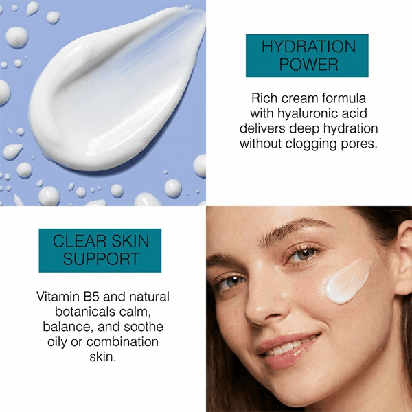 clear skin oil-free moisturizer is a rich cream formula with hyaluronic acid which delivers deep hydration without clogging pores