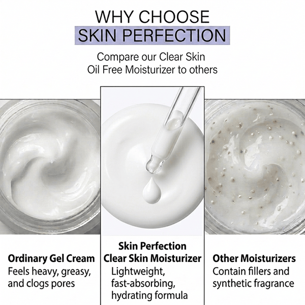 clear skin oil-free moisturizer from Skin Perfection is not heavy-feeling, greasy, or clogs pores, nor does it contain fillers or synthetic fragrance