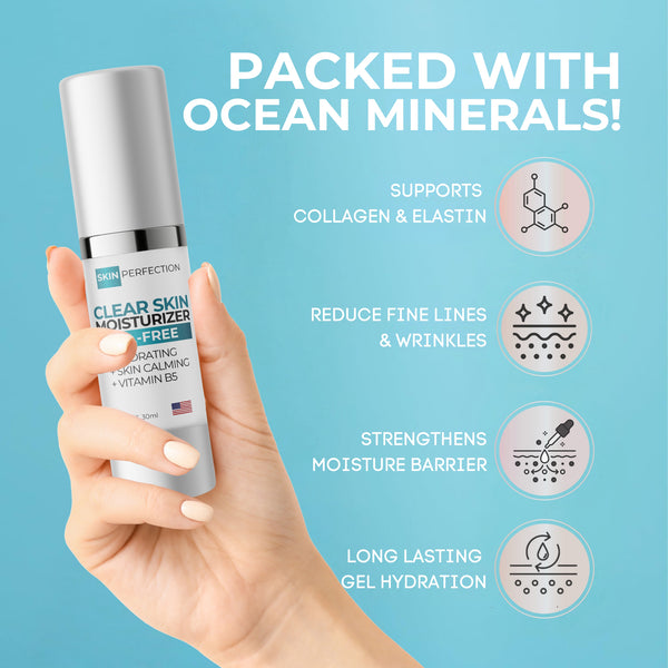 Hand holding a skincare product with text about ocean minerals and product benefits on a blue background