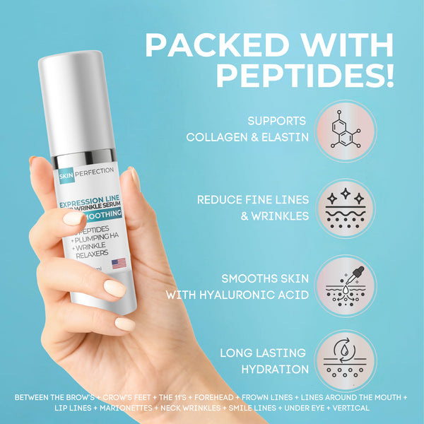 Hand holding a skincare serum with text about peptide benefits on a blue background