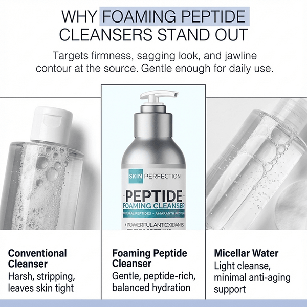 foaming peptide cleanser from Skin Perfection targets firmness, sagging skin, and contours the jawline