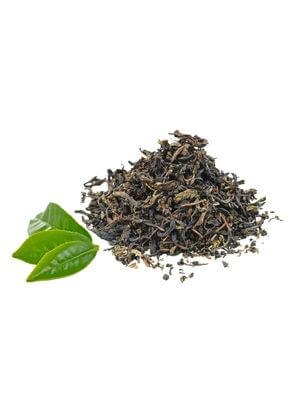Pile of dried green tea leaves with fresh green tea leaf beside it