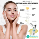 Woman with smooth skin holding her face, with a diagram of how to layer peptide facial moisturizers with Skin Perfection products