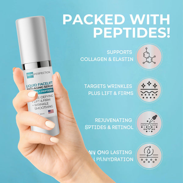 Hand holding a skincare serum bottle with text about peptides on a blue background
