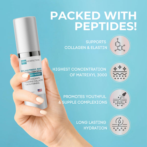 skin perfection matrixyl 3000 collagen boost displayed in woman's hand showing the benefits of this product