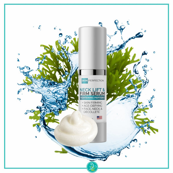 Skincare serum bottle with greenery and water splash on a white background