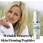 Woman in a white robe with a skincare product labeled 'Wrinkle Erasers & Skin Firming Peptides'.