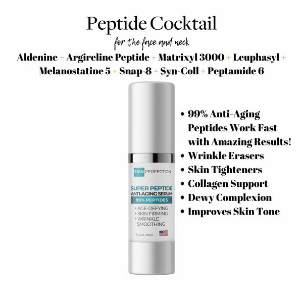 Skincare serum bottle with peptide cocktail ingredients and benefits on a white background