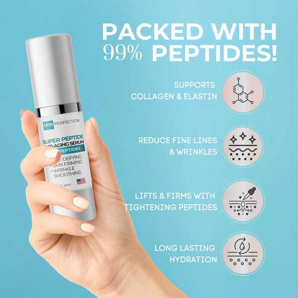 Hand holding a skincare serum with text about its ingredients and benefits on a blue background