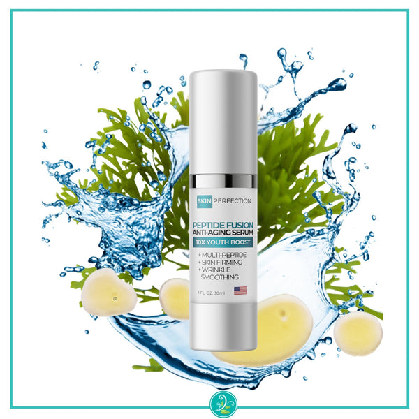 Skincare serum bottle with water droplets, green leaves, and white flowers on a light blue background