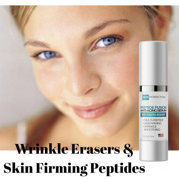 Woman's face with peptide fusion anti-aging skin care serum bottle labeled 'Skin Perfection' on a blurred background.