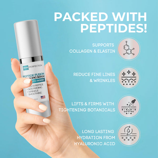 Hand holding a skincare serum with text about peptide benefits on a blue background