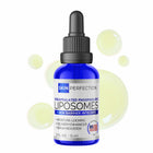 Bottle of Skin Perfection liposomes with dropper on a white background with pale green or pale yellow droplets