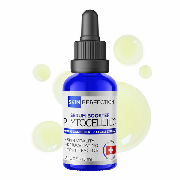 Skin Perfection serum booster bottle with dropper on a white background with pale green droplets