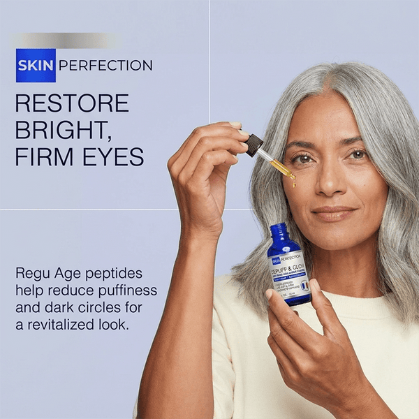 regu-age restores bright, firm eyes by reducing under-eye puffiness and dark circles for a revitalized look