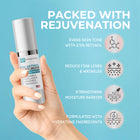 Hand holding skin perfection retinol moisturizer features on a blue background