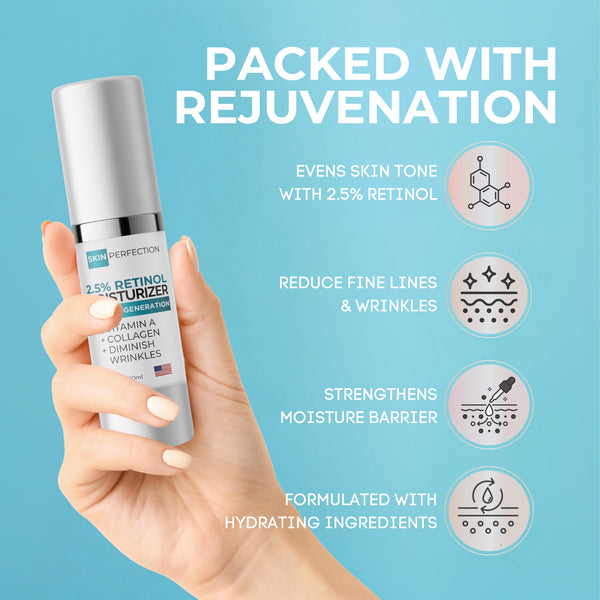 Hand holding skin perfection retinol moisturizer features on a blue background