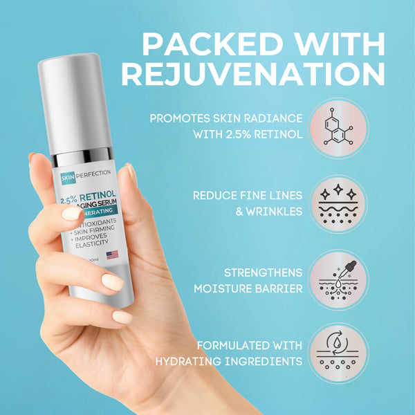 Hand holding a Skin Perfection retinol anti-aging serum with text about its benefits on a blue background