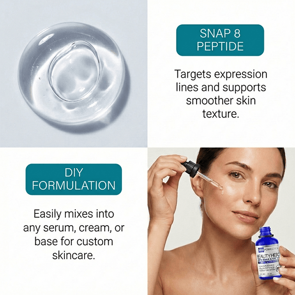 snap-8 targets expression lines and supports smoother skin texture while also easily mixing into any serum, cream, or base for custom skincare