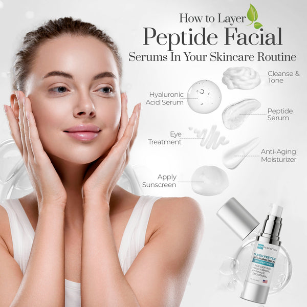 Skincare routine guide with a woman applying serum, Skin Perfection Peptide Facial Serums products, and step-by-step instructions.