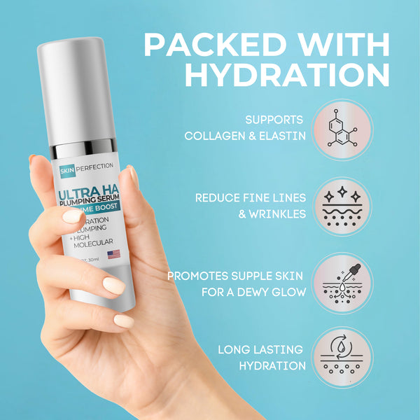 Hand holding a skincare serum bottle with hydration benefits on a blue background
