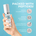 Hand holding a skincare product with text about peptides on a blue background