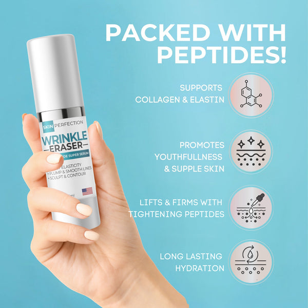 Hand holding a skincare product with text about peptides on a blue background