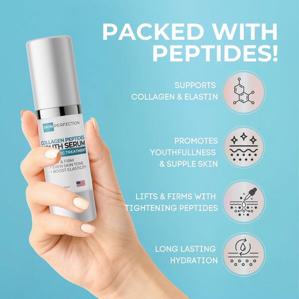 Hand holding a skincare serum with text about peptides on a blue background